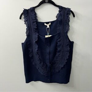 Flint & Moss Navy Blue Sleeveless Lace Faux Button Front Square Neck Top Large